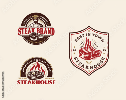 set vintage grill meat steak shop logo template for business company