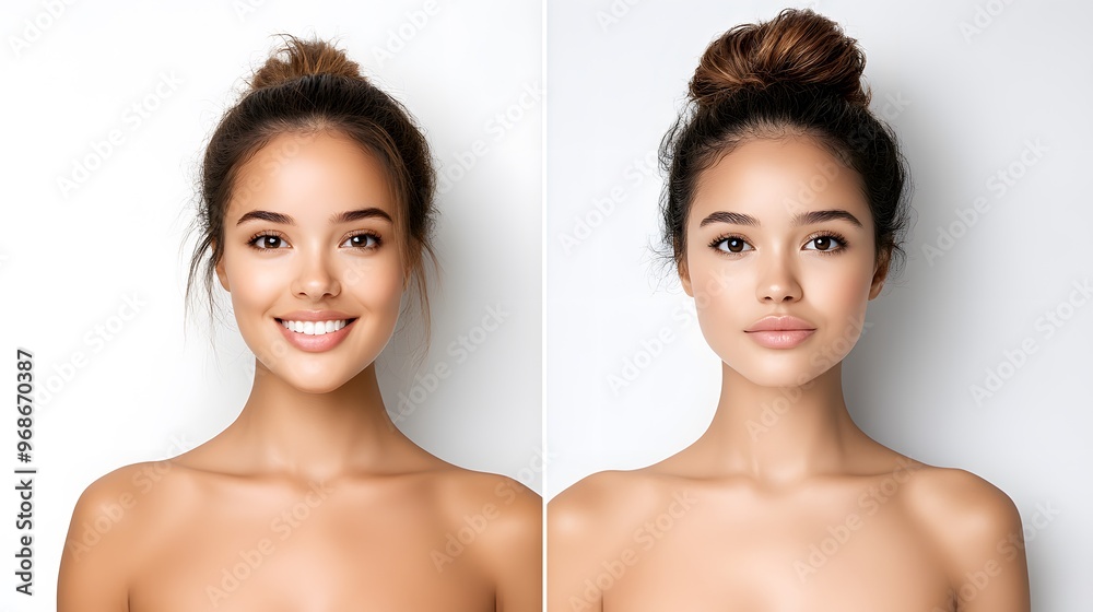 Portrait of a woman showing different expressions, highlighting natural beauty and skincare effects against a clean background.