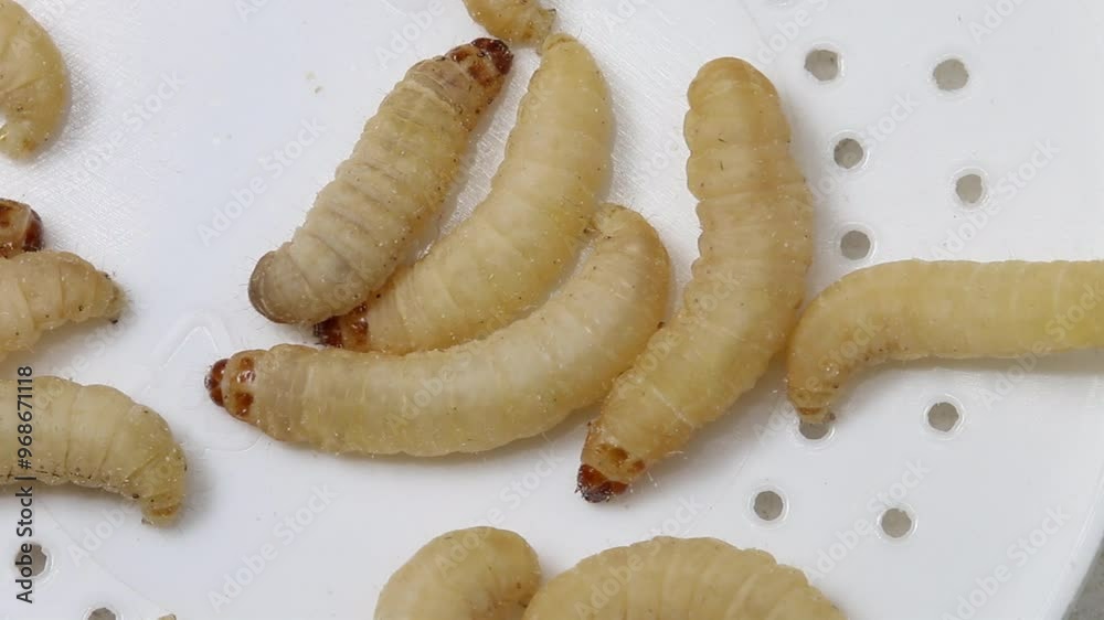 These Waxworms are the caterpillar larvae of the Waxmoth. These are parasites of beehives but are also used as pet food. They also have the ability to digest some plastics such as polythene. These Waxworms are the caterpillar larvae of the Waxmoth. These are parasites of beehives but are also used as pet food. They also have the ability to digest some plastics such as polythene.