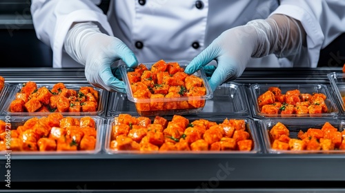 A chef in gloves carefully portions orange food into plastic containers for storage, showcasing a meticulous preparation process. photo