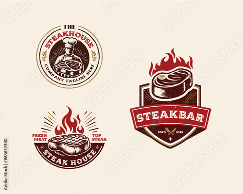 set vintage grill meat steak shop logo template for business company