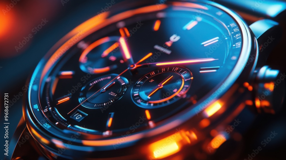 A close-up view of a sleek minimalistic smartwatch crafted from shiny dark titanium, showcasing intricate details under neon light with a blurred background A close-up view of a sleek minimalistic smartwatch crafted from shiny dark titanium, showcasing intricate details under neon light with a blurred background