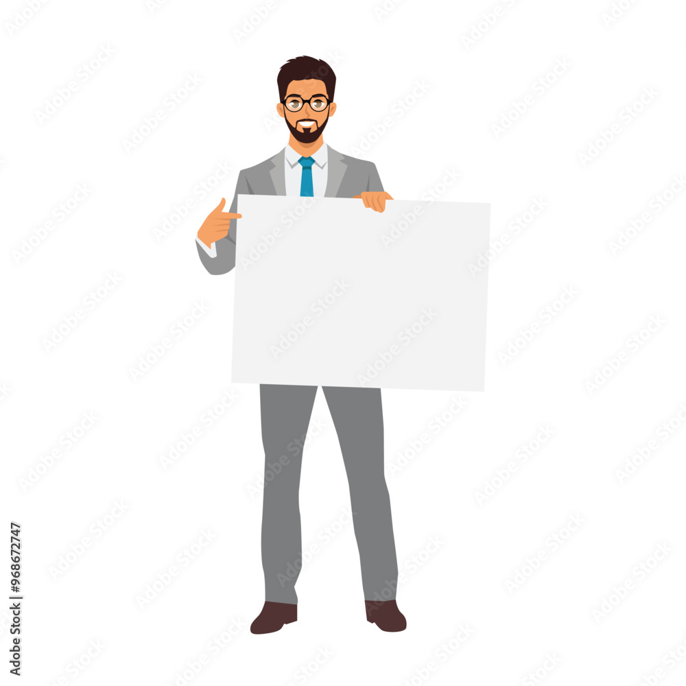 Young business man holds the white sign and pointing it. Flat Vector character illustration Young business man holds the white sign and pointing it. Flat Vector character illustration