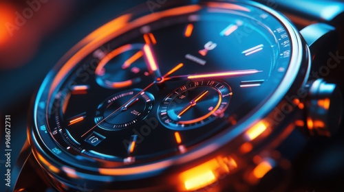 Wallpaper Mural A close-up view of a sleek minimalistic smartwatch crafted from shiny dark titanium, showcasing intricate details under neon light with a blurred background Torontodigital.ca