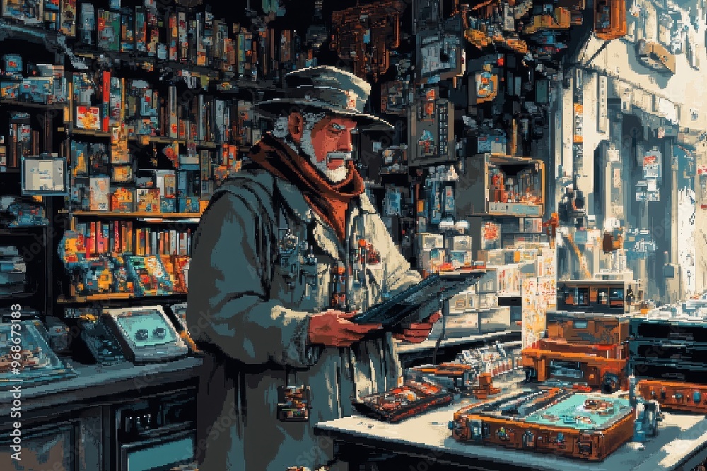 Pixelated Retro Shopkeeper with Magic Items in 16-Bit RPG Market Scene Pixelated Retro Shopkeeper with Magic Items in 16-Bit RPG Market Scene