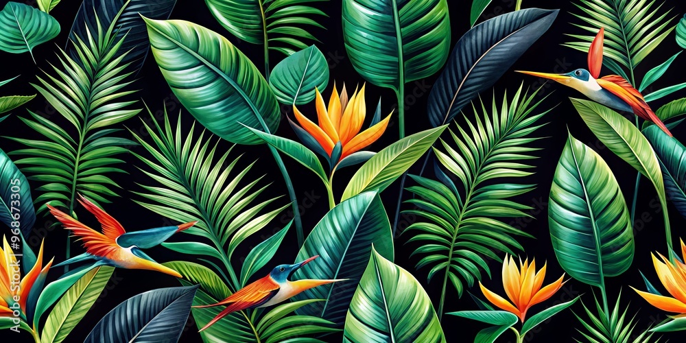 Seamless pattern of tropical leaves and birds of paradise on a black background Seamless pattern of tropical leaves and birds of paradise on a black background