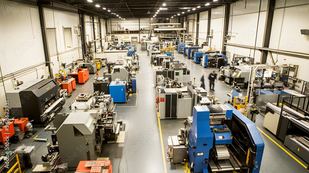 busy manufacturing floor where laser cutting machines are hard at work, processing materials at high speeds to meet production demands busy manufacturing floor where laser cutting machines are hard at work, processing materials at high speeds to meet production demands