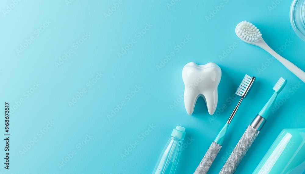 Modern dental care tools arranged on a blue surface, with a tooth model, emphasizing clean oral hygiene Modern dental care tools arranged on a blue surface, with a tooth model, emphasizing clean oral hygiene