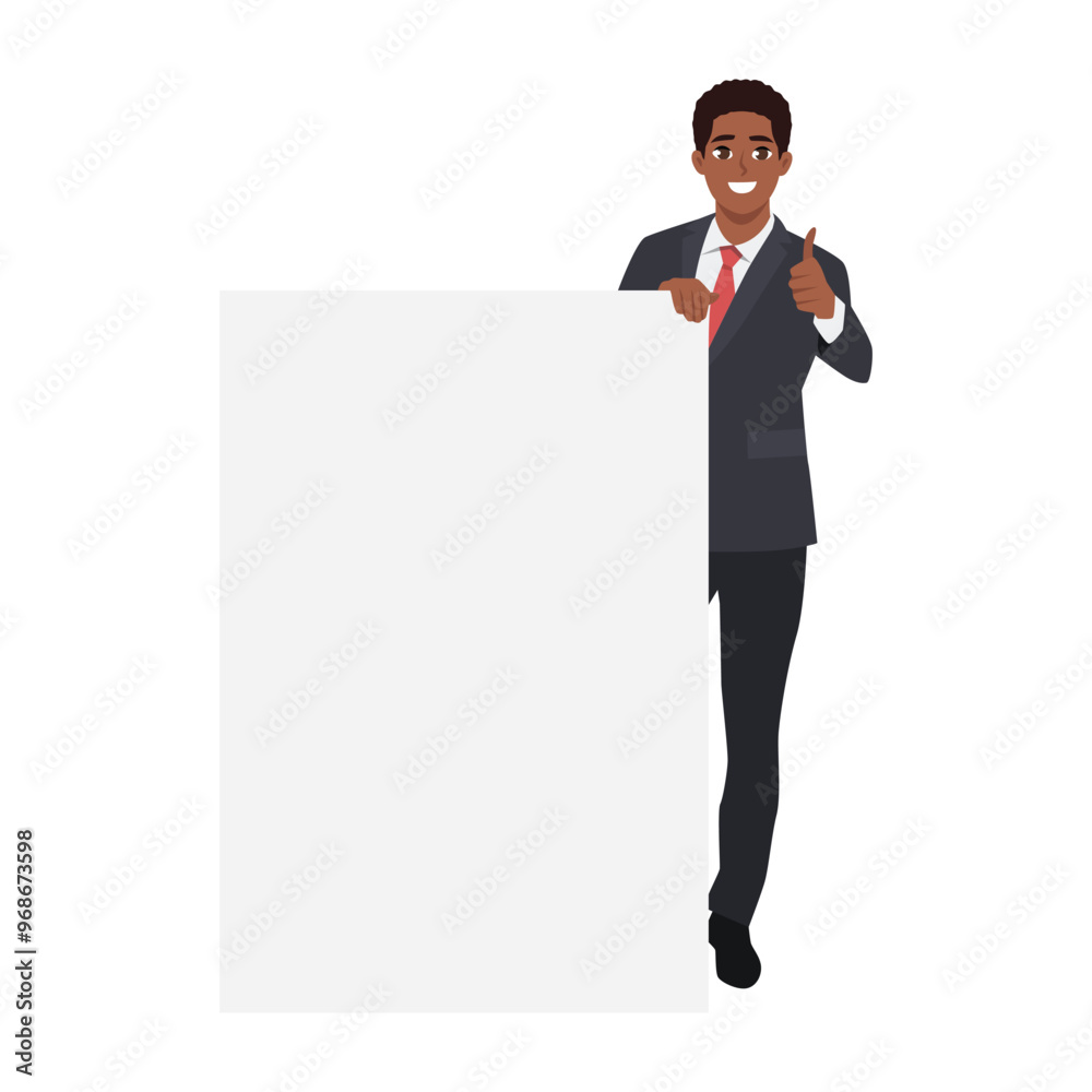 Young manager in formal suit holding a blank sheet and pointing. Flat Vector character illustration Young manager in formal suit holding a blank sheet and pointing. Flat Vector character illustration
