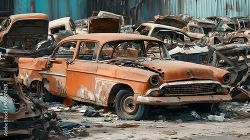 car in a junkyard with its parts removed, leaving behind only the metal frame and scattered pieces of the interior, surrounded