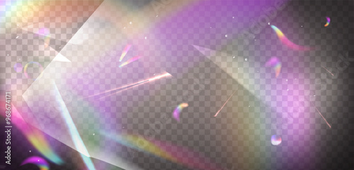 Prism light rainbow flare effect overlay vector. Crystal glass abstract texture with iridescent glare and sparkle shine. Gem refraction glow filter with dreamy hologram. Fashion bright gradient