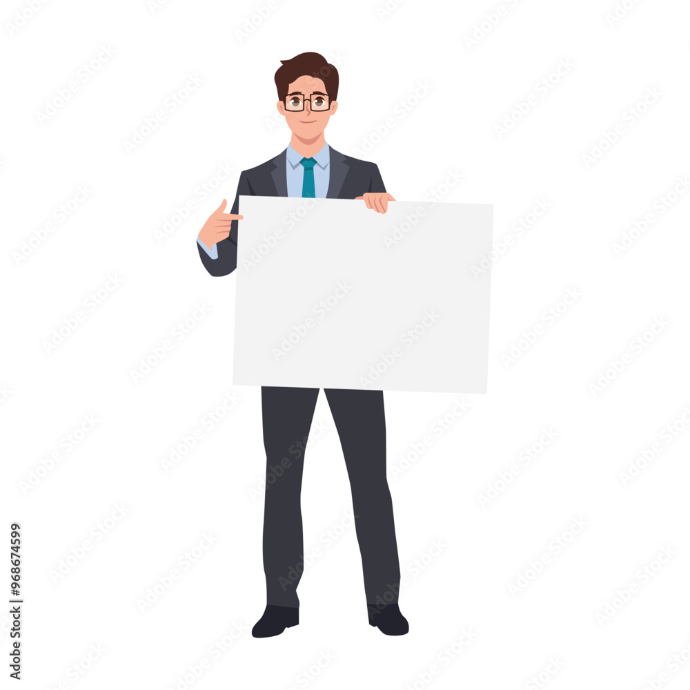Business man holds the white sign and pointing it. Flat Vector character illustration Business man holds the white sign and pointing it. Flat Vector character illustration