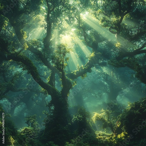 Sunbeams Through Lush Forest Canopy