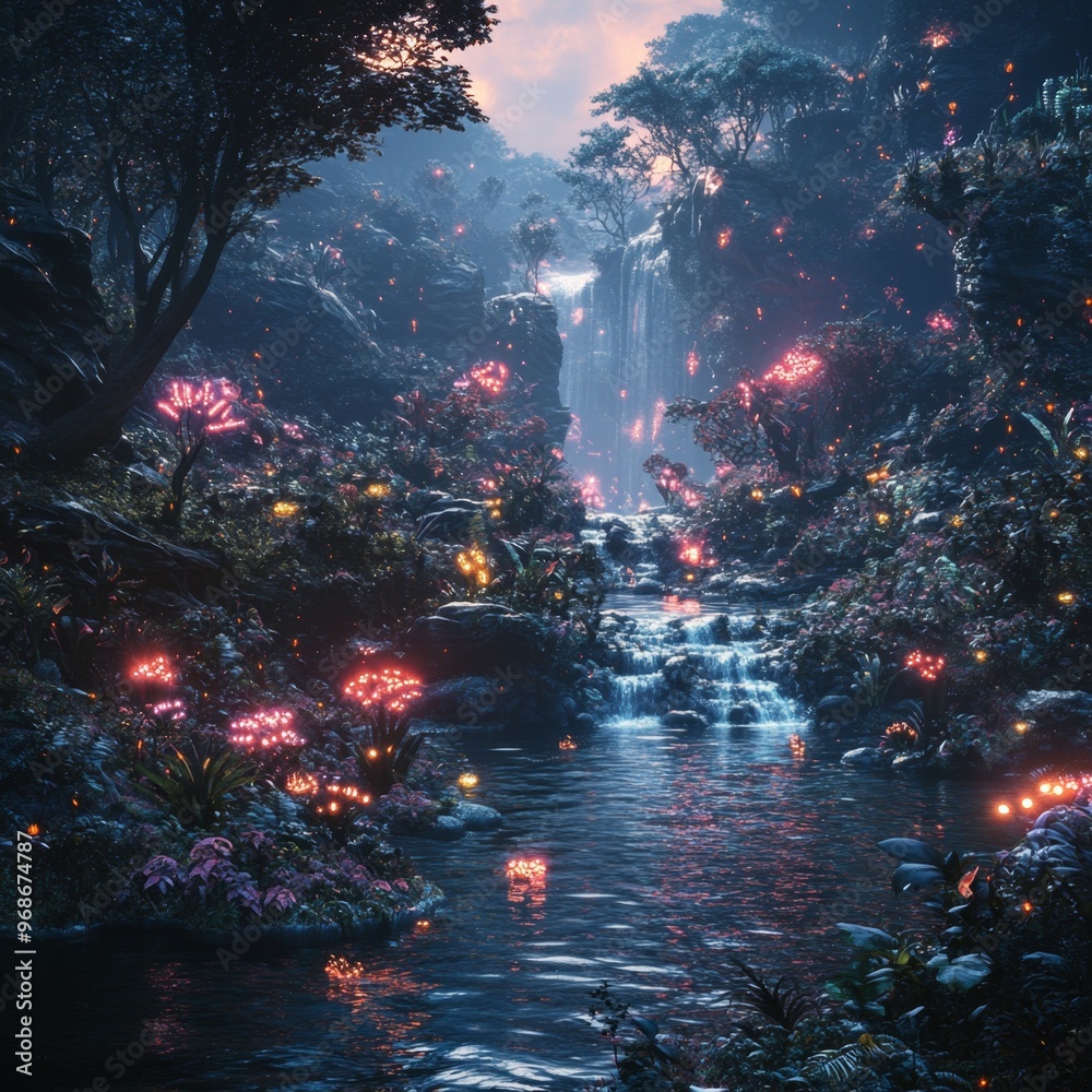 Naklejka premium Magical Forest River with Glowing Flowers and Waterfall