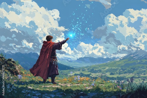 Retro Pixel Healer Casting Spell on Ally in 16-Bit RPG Battle Scene