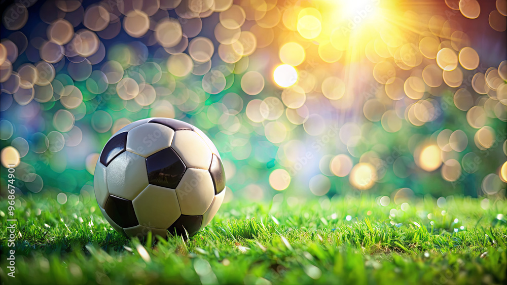 Fototapeta premium A well-used soccer ball sits on a field of green grass as the sun sets, casting warm golden light and a soft bokeh effect in the background, adding to the serene ambiance