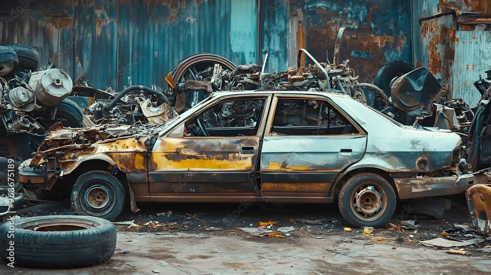 Fototapeta premium car stripped of all usable parts, sitting in a junkyard with its frame exposed, surrounded by dismantled engines, tires, and other debris