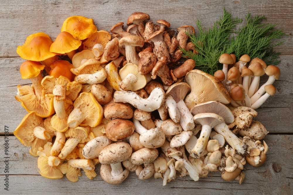 Assorted Mushrooms on an Old Wooden Table Assorted Mushrooms on an Old Wooden Table