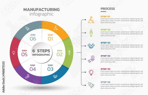 Visual data presentation. Cycle diagram with 6 options. Pie Chart Circle infographic template with 6 steps, options, parts, segments. Business concept. Marketing infographic vector illustration.
