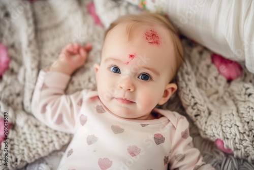 Baby girl with hemangioma waking up. Adorable and expressive baby girl with a strawberry mark out hemangiona with a heart shape on forehead. She is waking up from a nap, looking at the camera.  photo