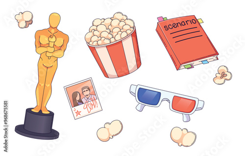 Oscar award and popcorn. Movie icon vector set for hollywood multimedia. Theater recreation drawing pack. Filmmaking art bundle with trophy statue, glasses and scenario book. Cinematography concept