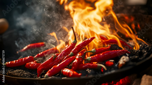 Chili peppers being roasted over an open flame, their red skins blistering and smoking as the fire intensifies their heat photo