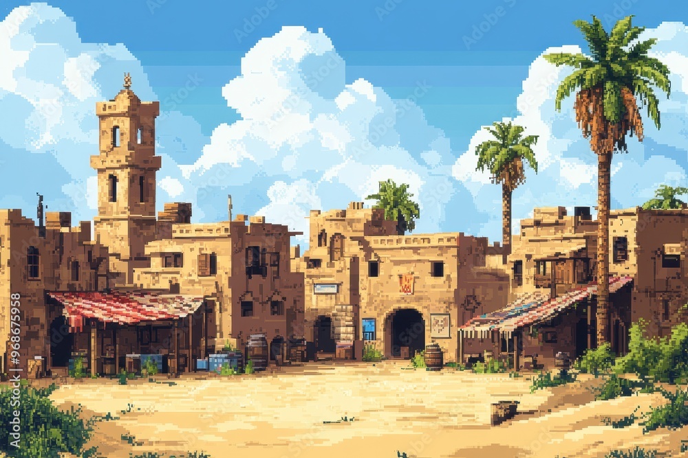 Fototapeta premium 16-Bit Pixel Desert Town with Sand-Covered Streets and RPG Market Background