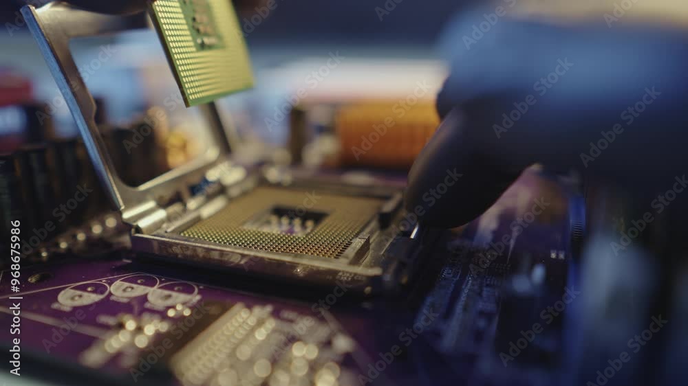 Engineer repairman holding hands in black gloves chip processor, CPU to insert into the socket of the computer motherboard. The concept of technology hardware and repair in the neon light