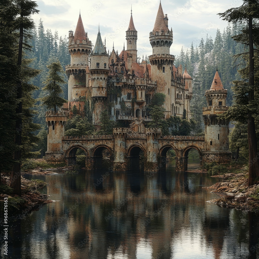 Naklejka premium Medieval Castle Over Water With Stone Bridge and Trees