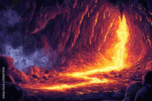 Mystical 16-Bit Pixel Lava Cave - RPG Danger Zone Backdrop with Molten Rivers | Retro Video Game Environment Illustration photo