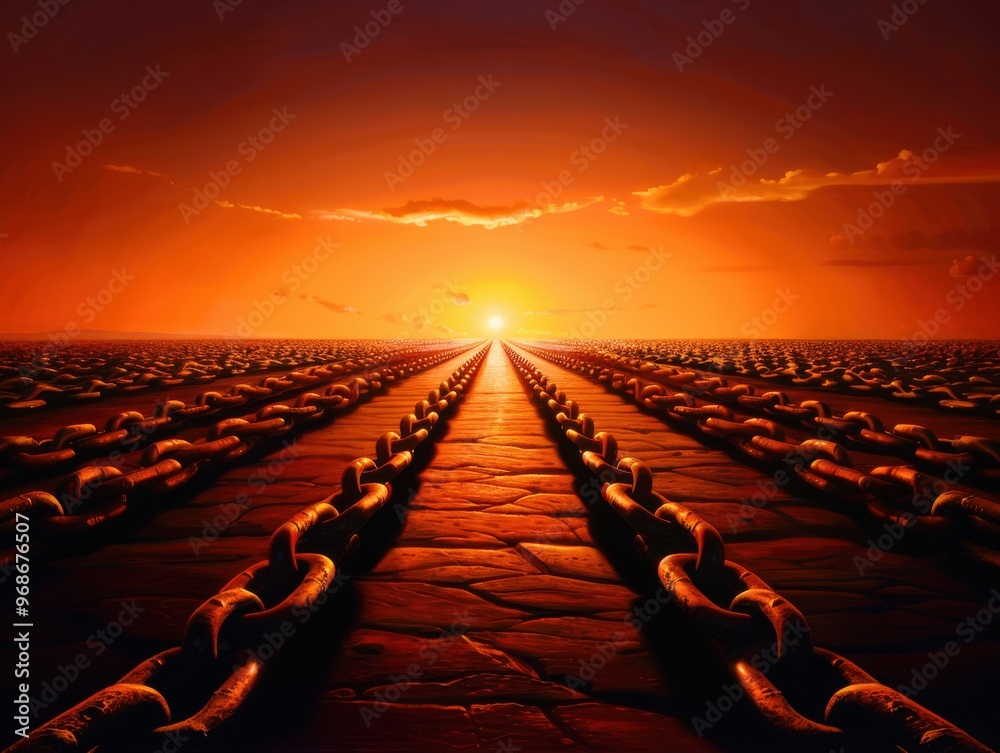 Obraz premium A breathtaking view of chains leading towards a vibrant sunset, symbolizing strength and hope on a vast horizon.