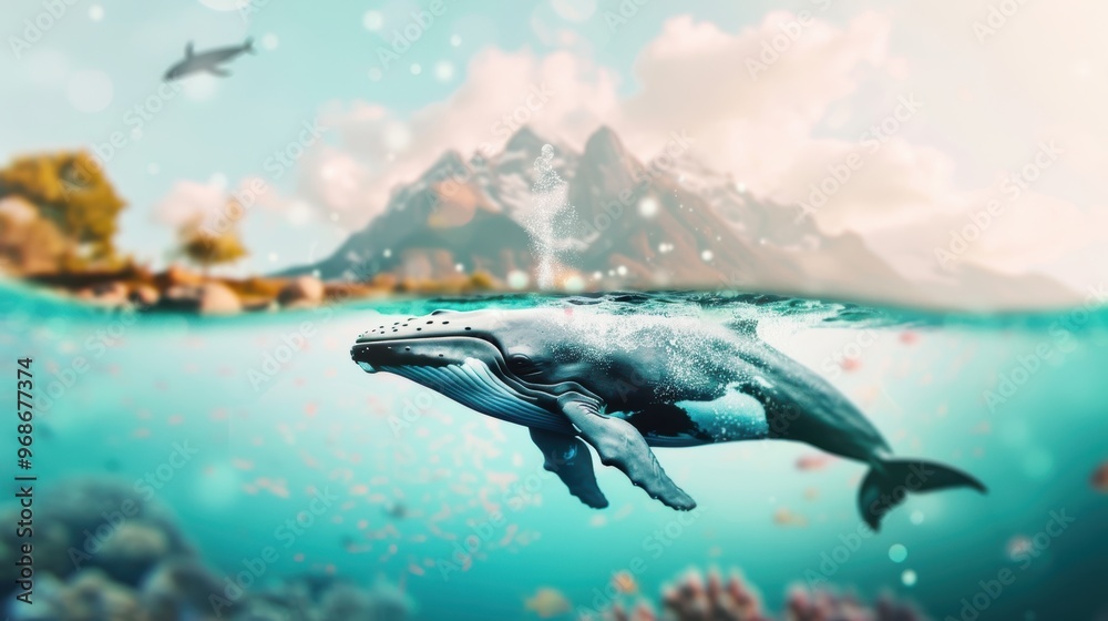 Fototapeta premium Stunning double exposure of whales swimming amidst underwater seascapes, symbolizing the awe-inspiring beauty and scale of marine life, high-resolution, rich textures, lifelike and mesmerizing