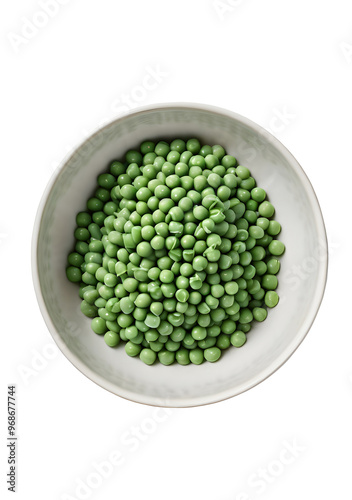 Top view of a bowl filled with fresh green peas, isolated on a transparent or white background.