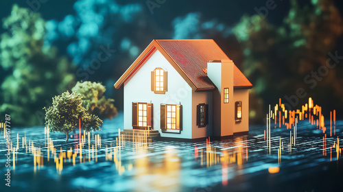 Falling interest rates visualized with a house and a declining mortgage rate symbol