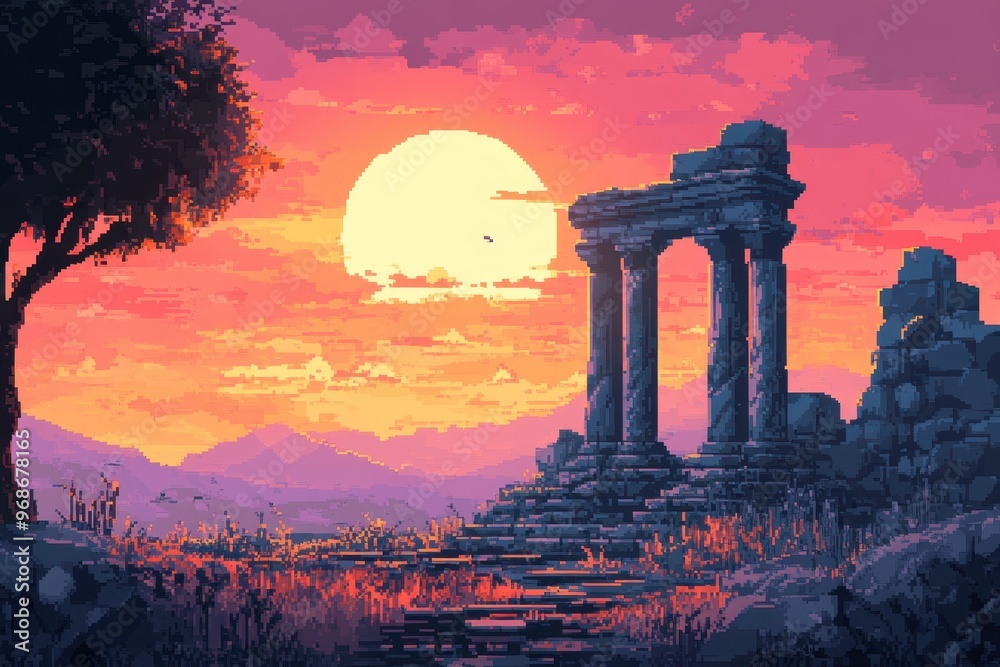 Fototapeta premium Retro Pixel Desert Adventure - 8-bit RPG Sunset Landscape with Ancient Ruins for Exploration Background