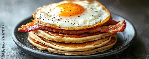 Sunnysideup eggs and crispy bacon with a stack of pancakes and toast, vibrant food photography, filling breakfast photo