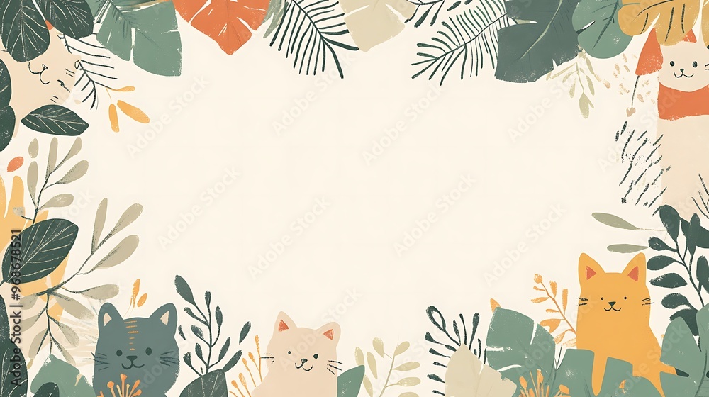 Obraz premium A Frame of Cats and Tropical Leaves