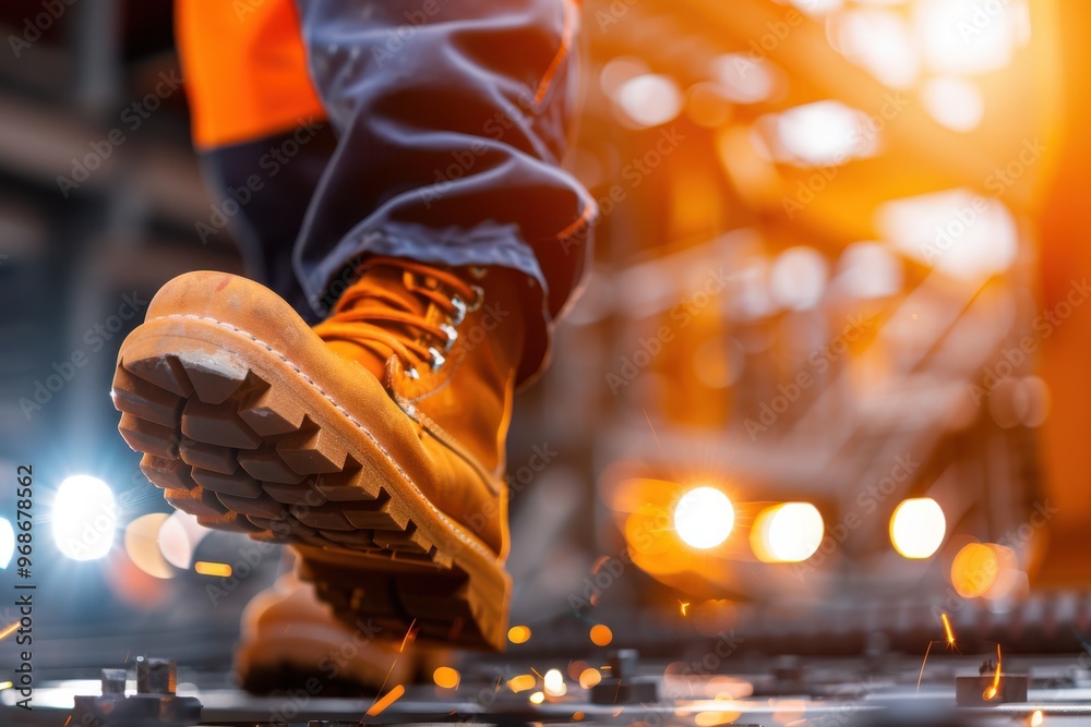 A close-up of a worker's boot stepping on a metal surface in an industrial environment, showcasing safety footwear. A close-up of a worker's boot stepping on a metal surface in an industrial environment, showcasing safety footwear.