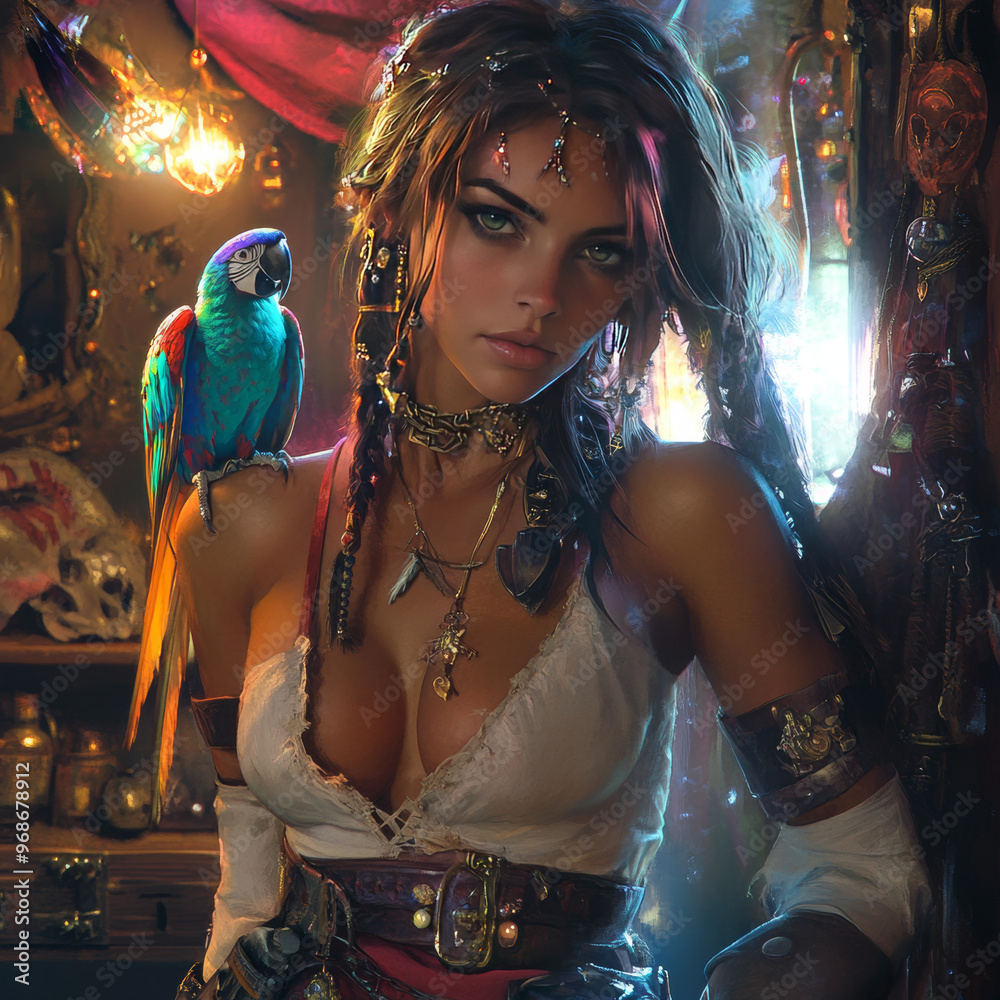 Fototapeta premium Pirate Den with Bioluminescent Elements and Macaw