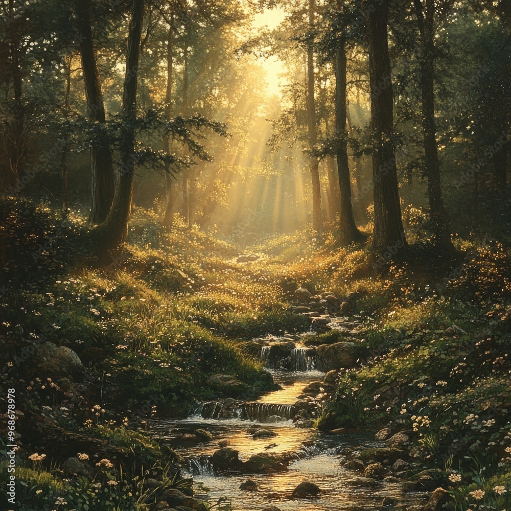Obraz premium Sunbeams Through Forest with Stream and Flowers