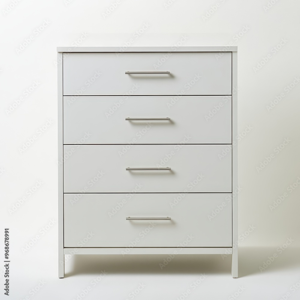 A modern white dresser with four drawers, suitable for storage in various settings. A modern white dresser with four drawers, suitable for storage in various settings.
