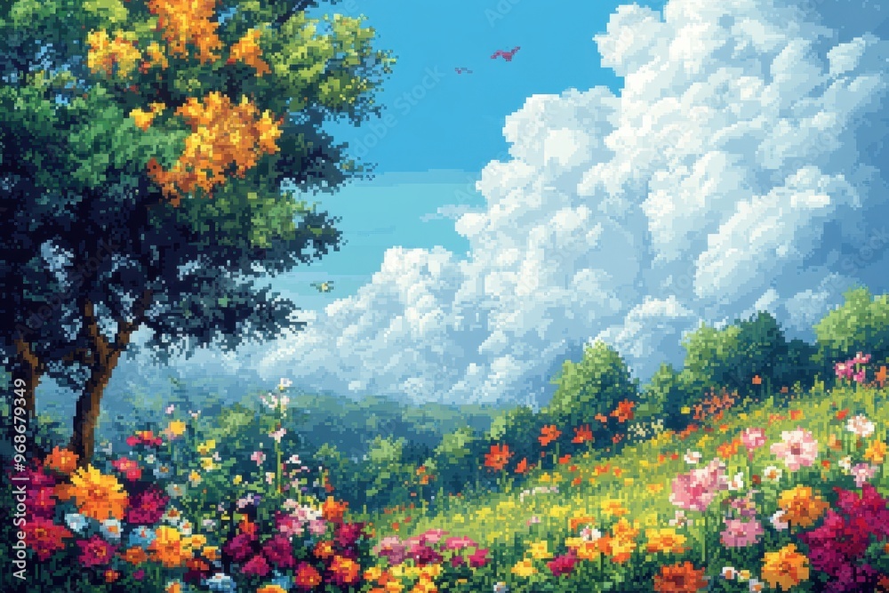 Retro 16-Bit Pixel Forest: Serene RPG Nature Background with Pixelated Flowers and Birds Retro 16-Bit Pixel Forest: Serene RPG Nature Background with Pixelated Flowers and Birds