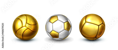 White and gold soccer ball for sport winner or bet design. Realistic 3d vector illustration set of golden football or volleyball equipment. European league and championship soccerball game element. photo