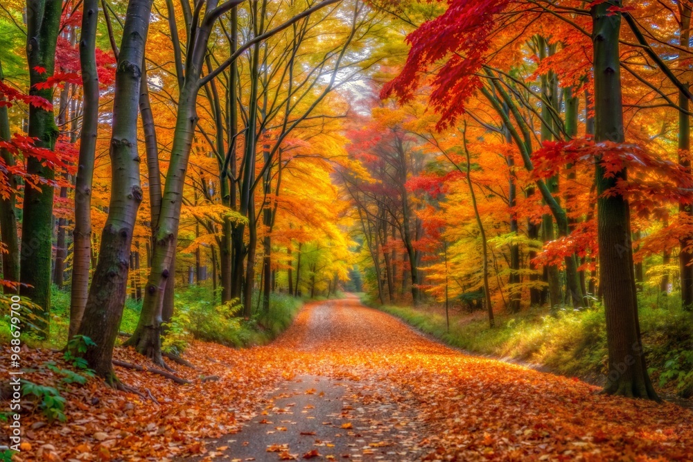 Path through an autumnal forest with fiery red and orange leaves Path through an autumnal forest with fiery red and orange leaves