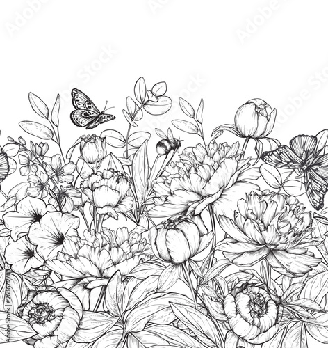 Wallpaper Mural Beautiful hand drawn vector seamless pattern with black and white peonies, bumblebee, butterflies. Endless background with summer garden plants Torontodigital.ca