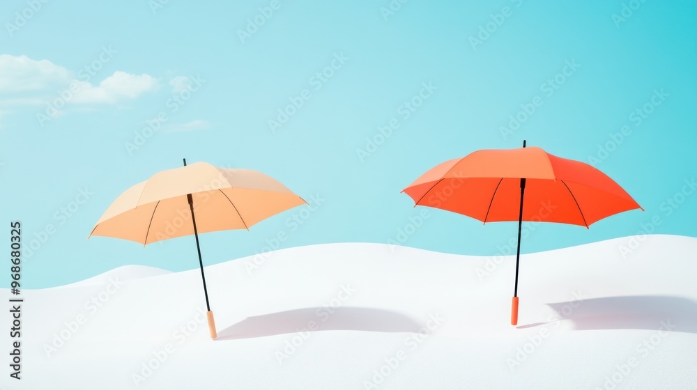 Two distinctly colored umbrellas placed on a completely blank surface, evoking a sense of shelter and protection through choice.