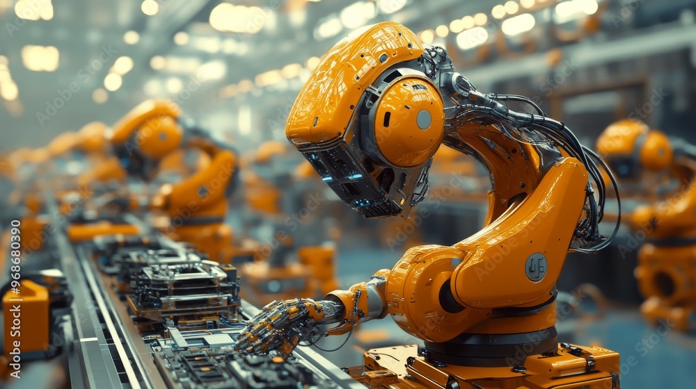AI-controlled robotic arms performing precision manufacturing in futuristic factories: Robots assembling products with ultra-fine precision in a modern factory. AI-controlled robotic arms performing precision manufacturing in futuristic factories: Robots assembling products with ultra-fine precision in a modern factory.