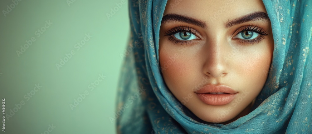 A stunning young Arab woman with her eyes covered by a scarf exudes elegance and beauty. Her blue hijab complements her natural features, creating an aesthetic appeal A stunning young Arab woman with her eyes covered by a scarf exudes elegance and beauty. Her blue hijab complements her natural features, creating an aesthetic appeal