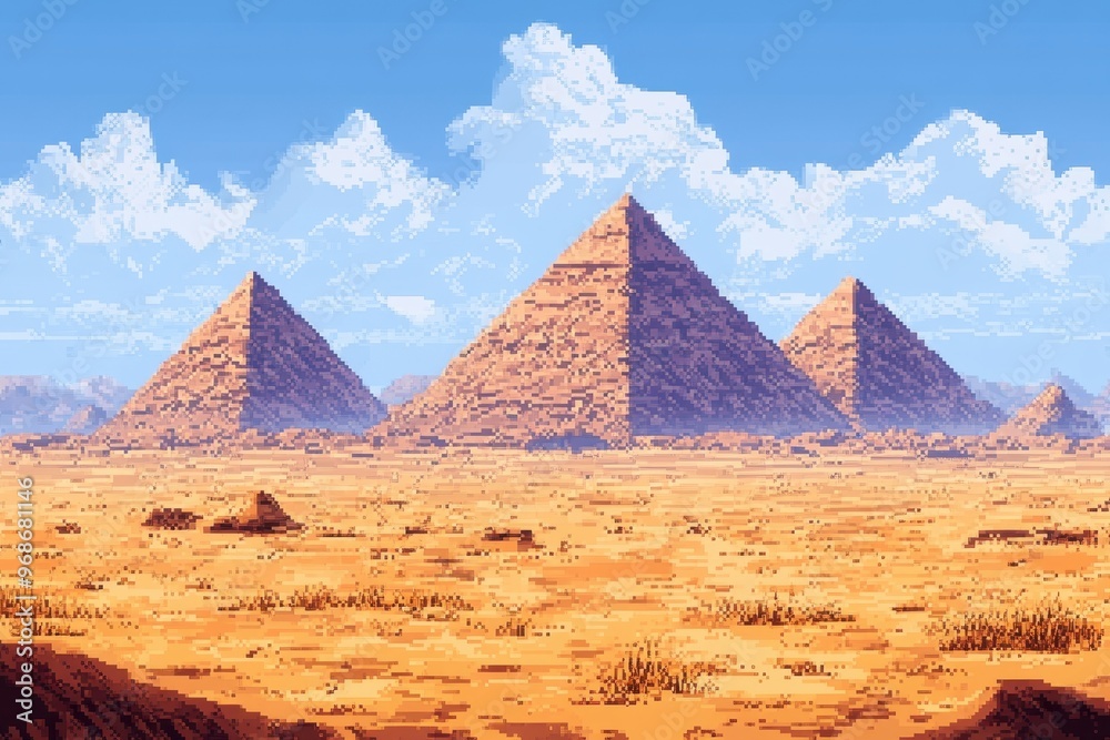 Retro 8-bit Pixel Desert Adventure - Pixelated Pyramids in RPG Exploration Background Retro 8-bit Pixel Desert Adventure - Pixelated Pyramids in RPG Exploration Background