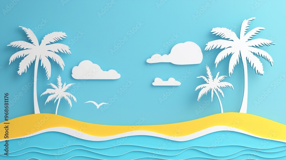 Sea with sky and cloud of paper cut. travel concept paper art background. Holiday summer Sea with sky and cloud of paper cut. travel concept paper art background. Holiday summer
